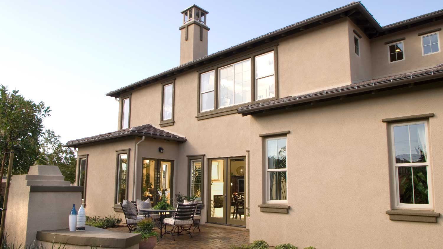 The exterior of a stucco house