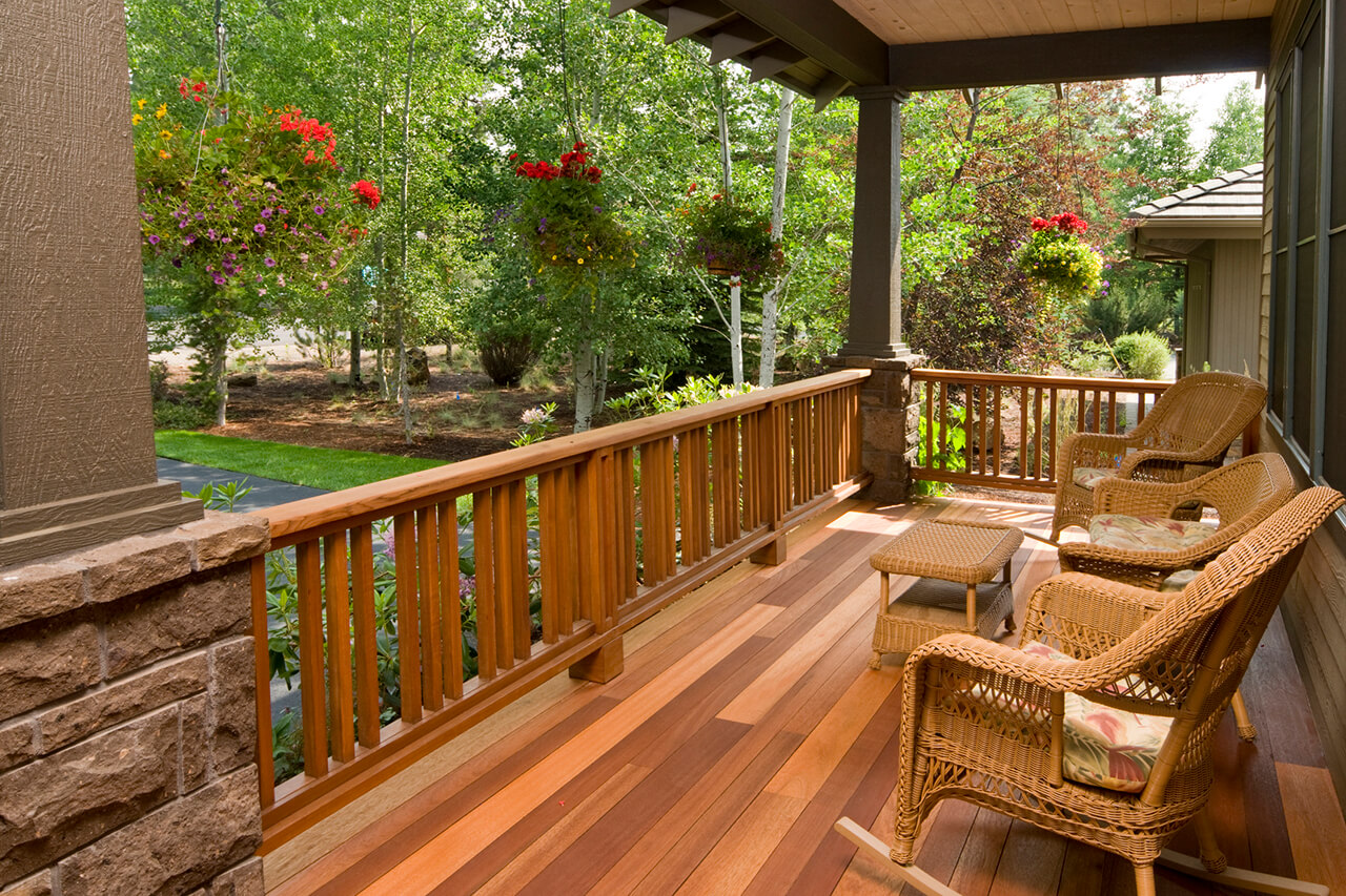 wooden railing on newly built front porch