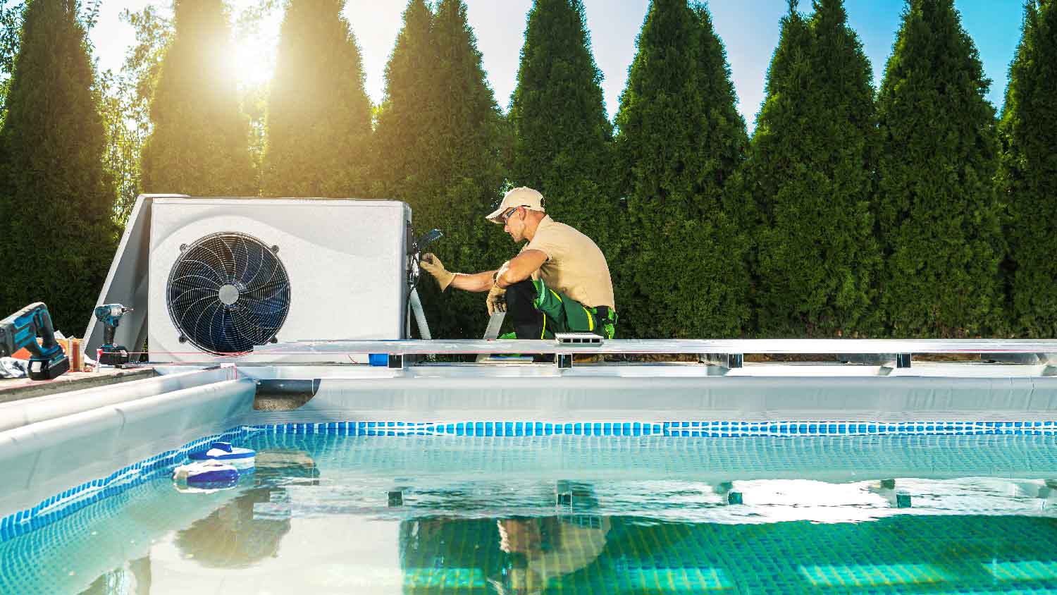 A professional repairing a pool heater