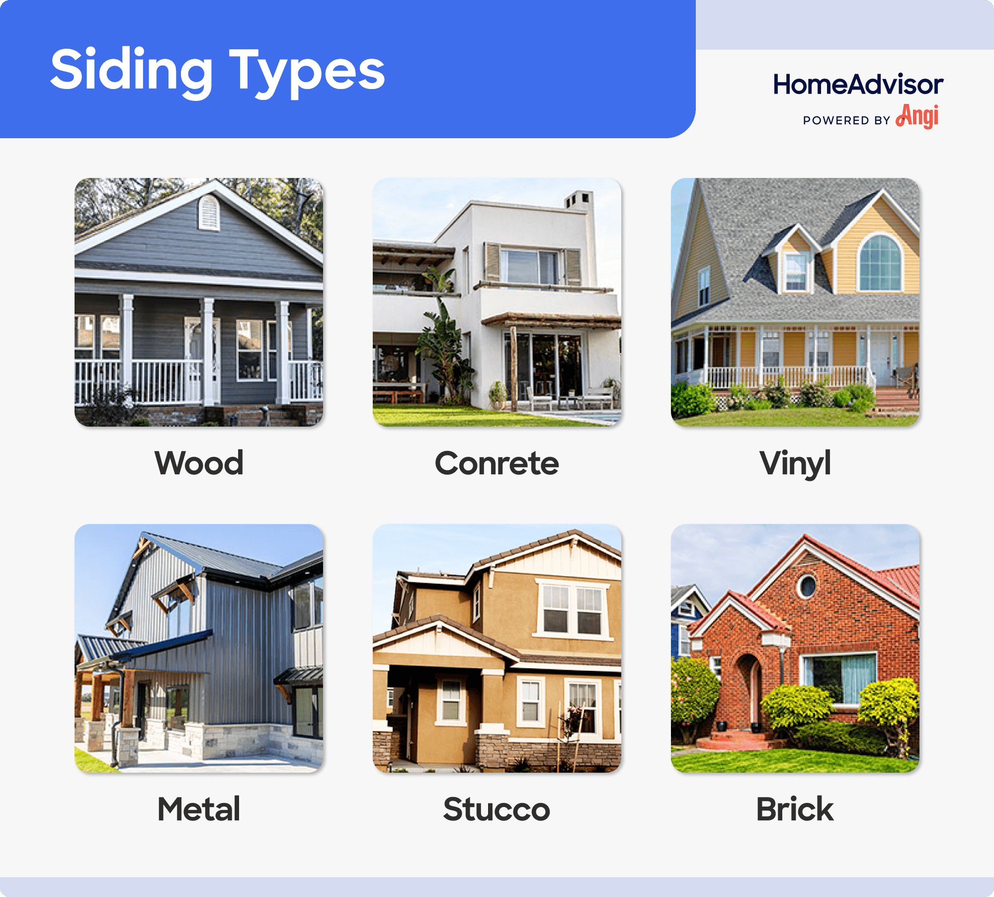 6 siding types compared visually, including brick, stucco, and metal